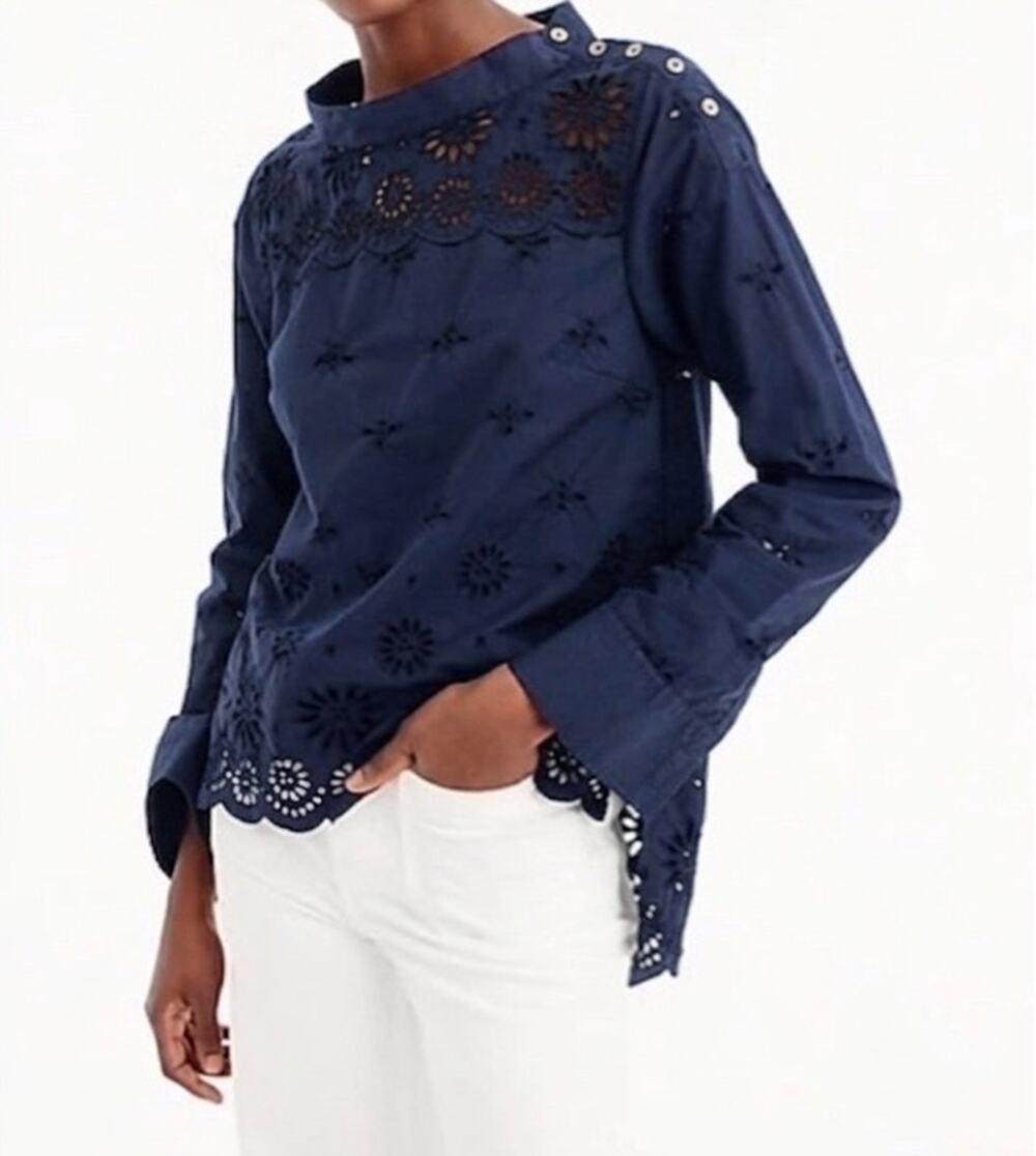 J.CREW shirt Embroidered Eyelet Cotton Navy Blue Coquette Blouse 2 funnel neck